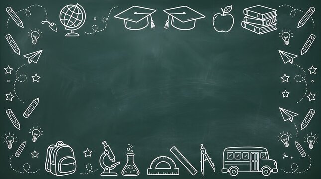 Hand drawn white chalk education icons and school supplies arranged as a decorative border on a dark green textured blackboard for back to school seasonal themes