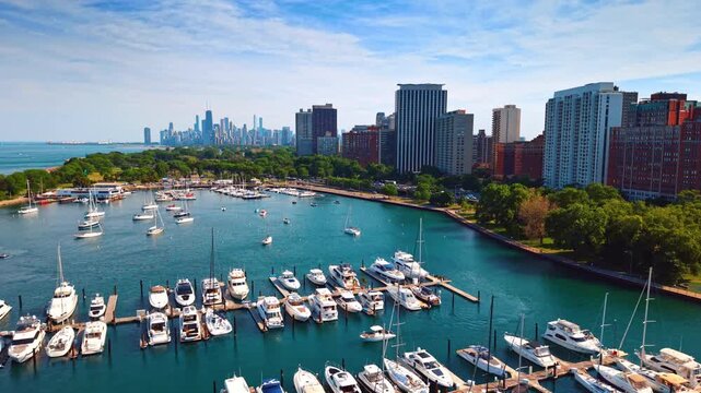Modern yachts and boats are at the berths in the beautiful harbor. Footage over Diversey Harbor in Chicago, Illinois, USA.