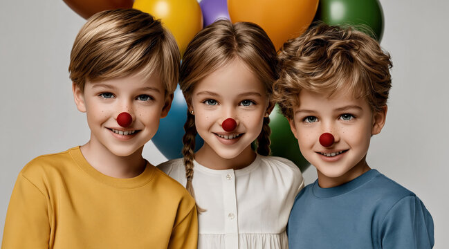 Three happy kids wearing red clown noses smiling with colorful balloons background celebrating fun and joy