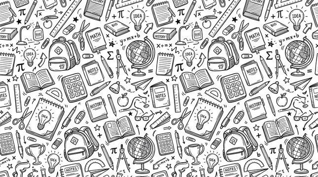 Hand drawn seamless pattern featuring various back to school stationary items like books globes pencils and calculators in a creative black and white doodle art style