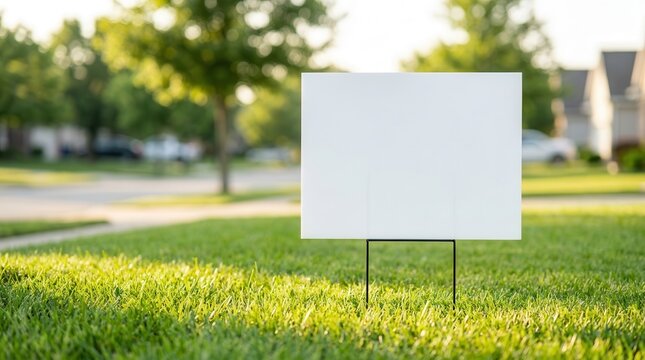 An empty white outdoor sign stands on a residential lawn for advertising and announcements.