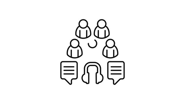 Minimalist outline animation of customer group with speech bubbles drawing on and fading out. Features a clean pop up style in 3 color setups.