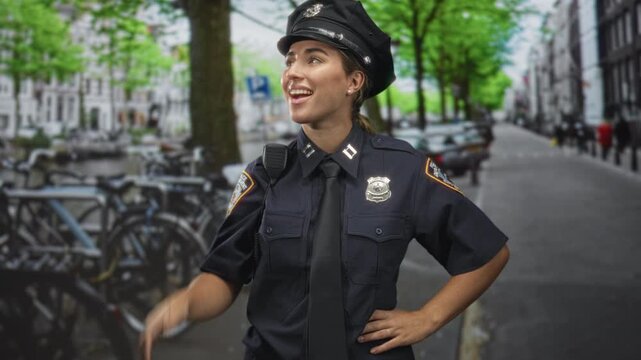 Woman police officer touches hat, hand on hip and shows badge while smiling on a tree lined street; playful authority.