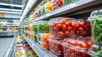 Obraz premium Fresh vegetables in clear plastic food packaging on supermarket shelves.
