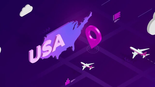 Isometric Design, USA Map Silhouette Location Pin and Airplanes on Purple Animation, Travel Background
