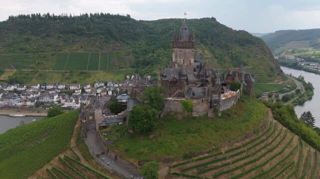 Reichsburg Cochem overlooking Cochem and the winding Moselle Aerial panning