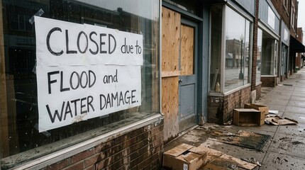 Obraz premium A business is closed due to flood and water damage, highlighting the economic impact of natural disasters.