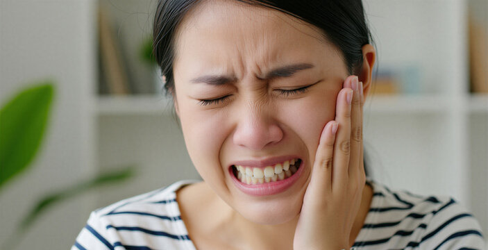 Young Asian woman feels sharp toothache, dental pain. Girl touches cheek with hand of sensitive teeth, gum problems. Person suffers from oral discomfort cavity inflammation at home. Patient needs pro