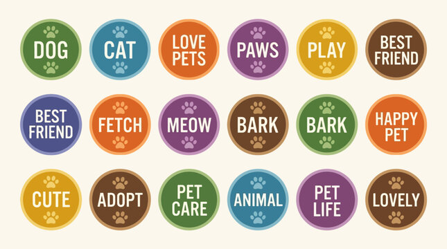 Collection of colorful circular badges with pet themed words and paw print icons KFA