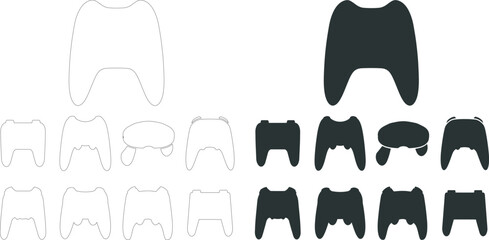 Collection of gaming controller silhouettes and icons with controller joystick electronics entertainment silhouette collection technology hardware isolated interface recreation peripheral © md