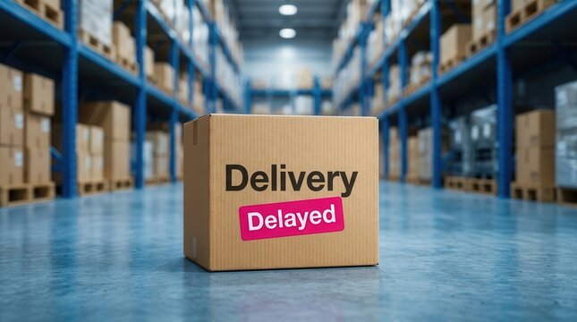 A cardboard box with a delayed delivery label in a warehouse inventory setting.
