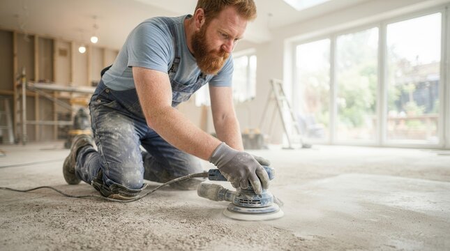 Skilled craftsman meticulously polishing a concrete floor surface with a power sander during renovation.