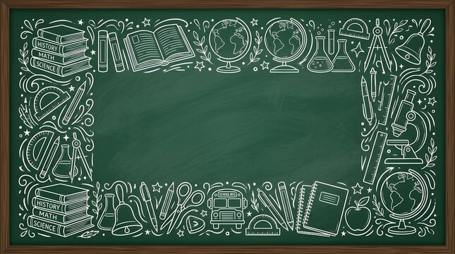 Decorative chalkboard background featuring hand drawn education icons like books globes microscopes and various stationery items organized in a beautiful frame for your academic school projects