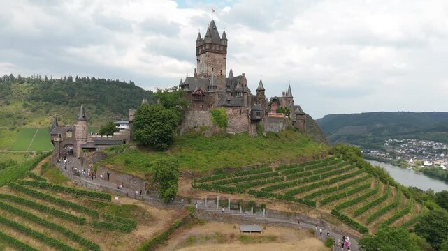 Reichsburg Cochem and its terraced vineyards in summer aerial view