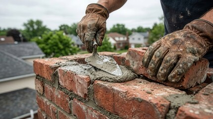 Naklejka premium A professional worker installing a chimney cap on a brick chimney during masonry maintenance.