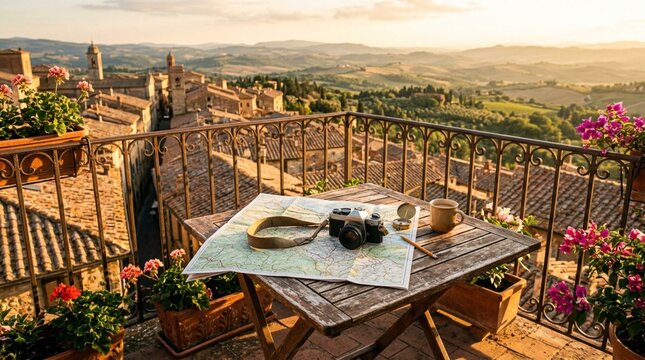 A sunlit balcony overlooking a historic hill town and rolling countryside features a map, vintage camera, coffee, and flowers for travel planning promotions.