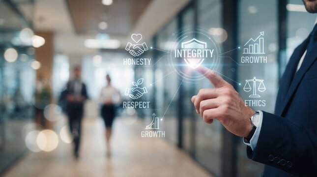 Corporate ethics and growth concept featuring integrity, honesty, respect, and code of conduct icons.