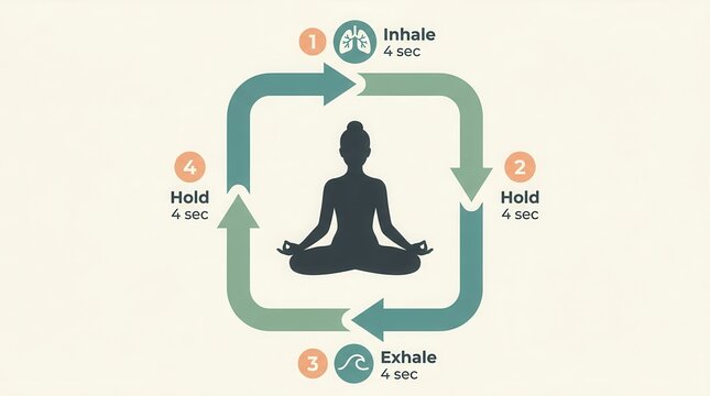 Box breathing meditation technique diagram with inhale, hold, and exhale steps.