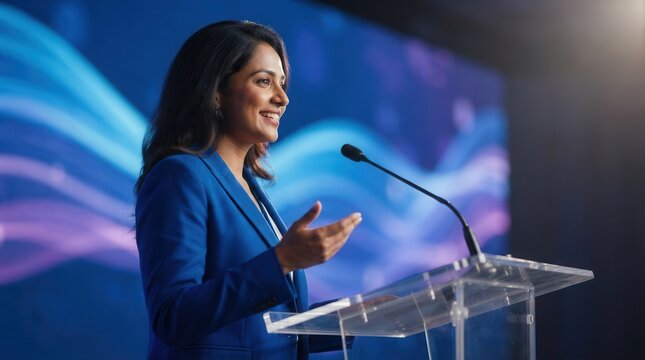 Confident Indian woman in a blue suit delivering a speech at a conference podium.