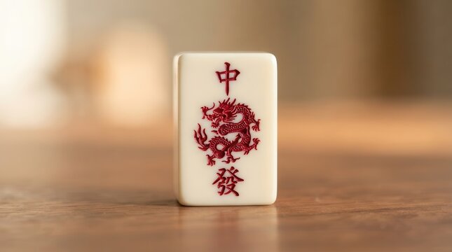 A close-up shot of a Chinese mahjong tile featuring a red dragon symbol on a wooden surface.