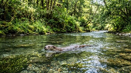Fototapeta premium A wild otter swims through a clear forest creek bordered by lush green foliage, useful for wildlife conservation, ecology, and nature travel promotions.