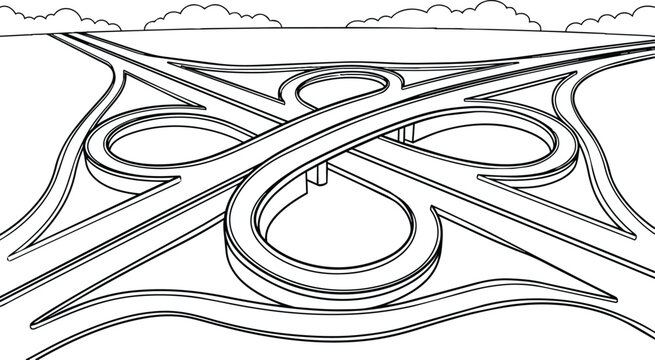 Vector line art aerial view of cloverleaf highway interchange with looping ramps and overpass pier