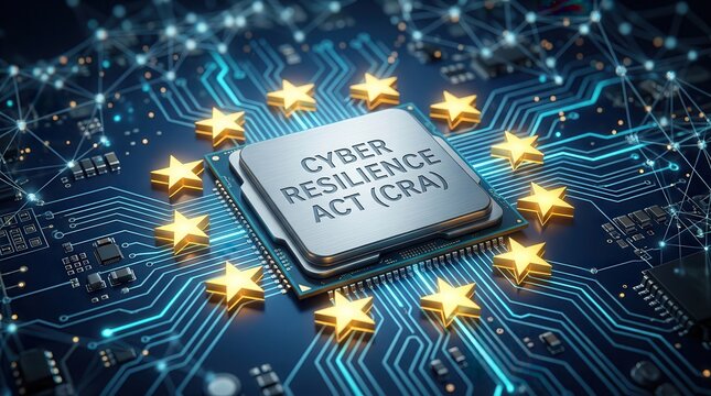 European Union Cyber Resilience Act (CRA) concept with a processor chip and golden stars.