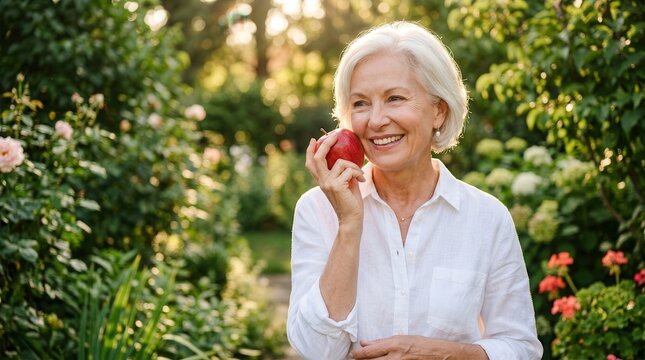 A smiling mature woman holding a fresh red apple in a lush garden.