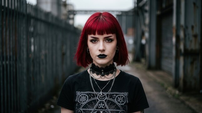 Young woman with vibrant red hair and dark gothic makeup standing outdoors.