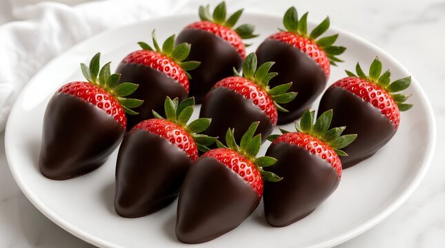 Glossy dark chocolate dipped strawberries arranged on a white plate offer an elegant dessert concept for romance, catering, and celebration menus.