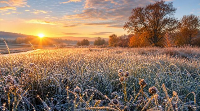 A frosty meadow glows under a golden sunrise with bare autumn trees and sparkling grasses, ideal for seasonal travel, nature, and wellness themes.