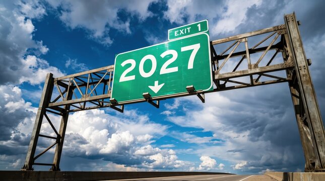 Green highway exit sign showing the year 2027
