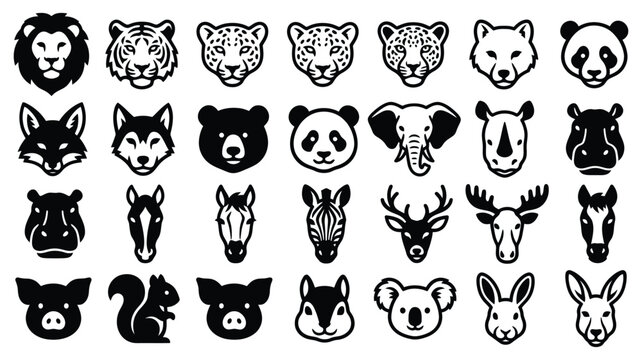 Set of hand drawn animal head icons featuring various wild and domestic creatures in a minimalist doodle style