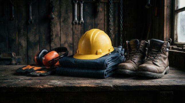Essential industrial safety gear including a hard hat, ear defenders, work boots, and workwear.