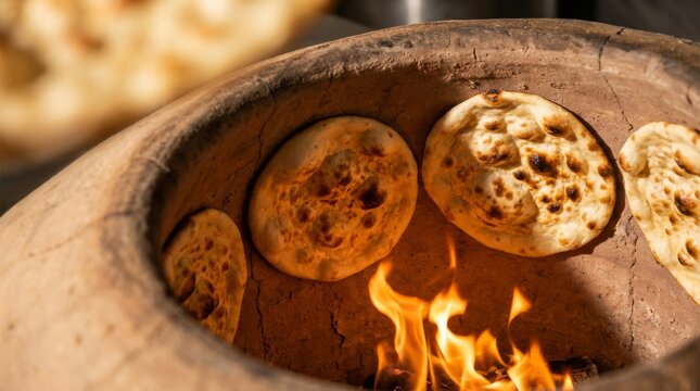 Deliciously baked flatbreads in a traditional clay Tandoor oven with dancing flames and rustic textures