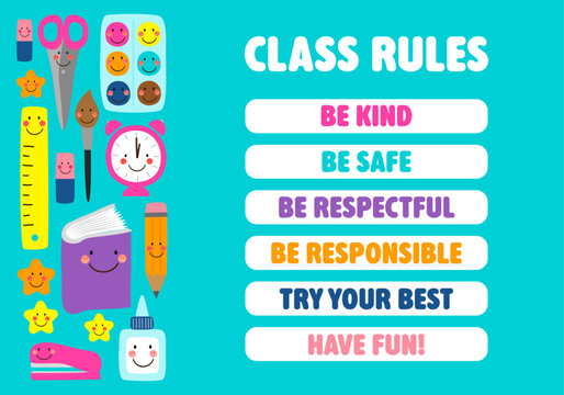 Colorful class rules banner featuring cute kawaii school supplies, smiling stars, ruler, book, calculator, pencil, glue, clock and stationery icons. Fun educational poster for preschool, kindergarten,
