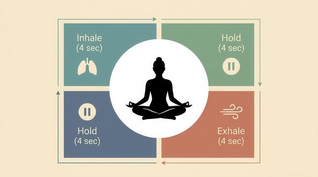 Box breathing technique diagram with inhale, hold, and exhale steps.
