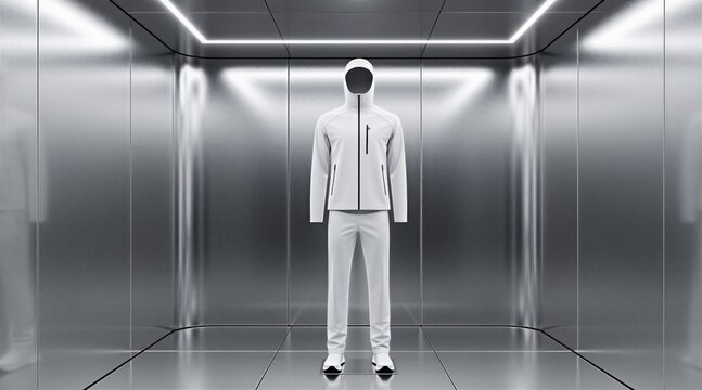 Mannequin displays minimalist white techwear outfit. Sleek chrome room with reflective metallic walls and geometric lights. Modern design, futuristic style, clean aesthetic.