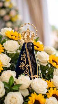 A beautiful statue of Our Lady of Aparecida, the patron saint of Brazil, adorned with gold, nestled among elegant white roses and vibrant yellow sunflowers.