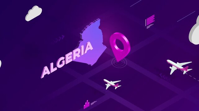 Isometric Design, Algeria Map Silhouette Location Pin and Airplanes on Purple Animation, Travel Background