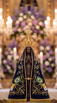 A detailed vertical shot of the Our Lady of Aparecida statue wearing a blue velvet robe decorated with the Brazilian flag, displayed in a candlelit church altar.