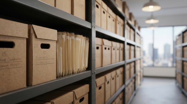 Organized archive shelves containing files and cardboard boxes in an office storage room.