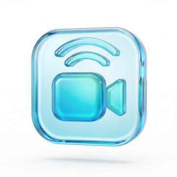 3D Render of a Glass Video Calling Icon with Blue Transparency for Communication Apps Isolated on White Background