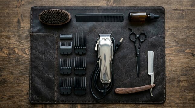 Barber tools are arranged on a dark mat for grooming and cutting.