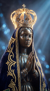 A detailed bronze statue of Our Lady of Aparecida, the patron saint of Brazil, wearing an ornate gold crown and a deep blue mantle, praying in ethereal light.