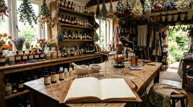 A rustic herbal workshop features hanging dried herbs and shelves full of glass bottles.