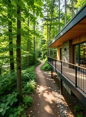 Obraz premium Modern house with balcony in green forest. Winding dirt path leads through trees. Peaceful nature retreat with wood architecture and outdoor living space.