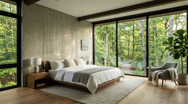 Modern bedroom interior with large floor to ceiling windows overlooking forest. Minimalist wooden bed and concrete wall featuring natural light. Eco friendly home design and architecture.