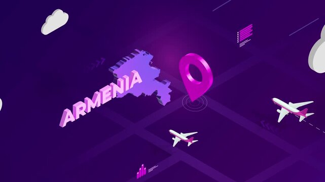 Isometric Design, Armenia Map Silhouette Location Pin and Airplanes on Purple Animation, Travel Background