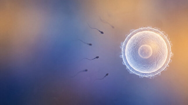 Medical macro image of sperm cell touching the textured surface of a human egg under ultra bright scientific illumination, blue and golden edge highlights, reproductive biology and conception concep